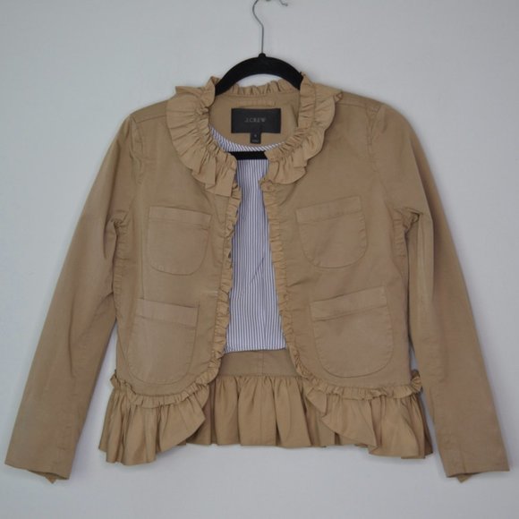 J Crew Ridge Khaki Ruffle & 4 Pockets Neutral Blazer Size 0 - Picture 2 of 9